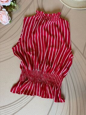 Red and White Striped Sleeveless Smocked Top